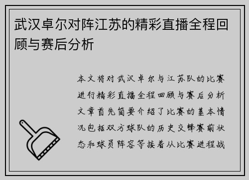 武汉卓尔对阵江苏的精彩直播全程回顾与赛后分析