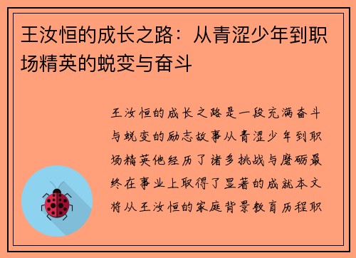 王汝恒的成长之路：从青涩少年到职场精英的蜕变与奋斗